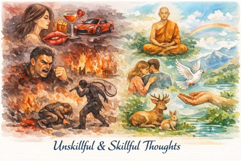 Watercolor collage banner split into two halves. Left side depicts unskillful thoughts: a woman gazes at luxury items (cocktail, red sports car, red lips); below, a man clenches his fist in anger; lower left shows a figure with a whip looming over someone curled on the ground, with a burning city behind them. Right side portrays skillful thoughts: a monk meditates peacefully; a woman gently comforts a man; an open hand releases a white dove; a deer and rabbit sit calmly in a lush landscape with mountains, river, and rainbow. Title at bottom reads “Unskillful & Skillful Thoughts”