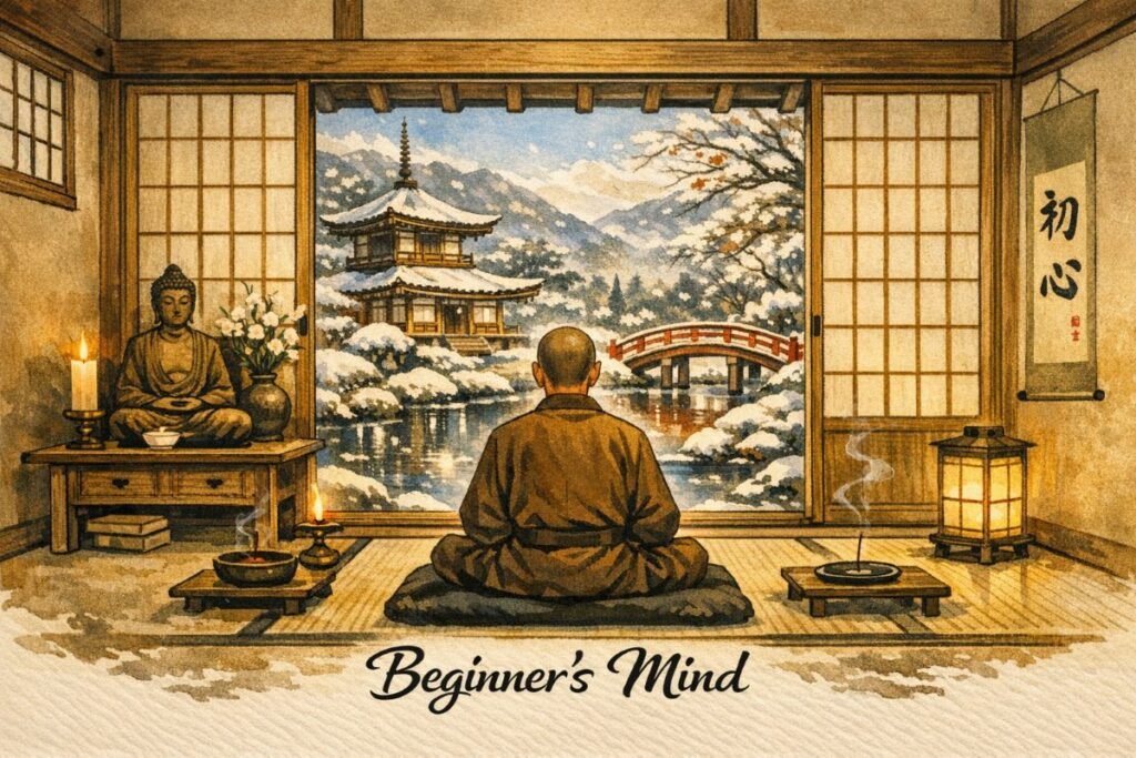 A monk sits in meditation inside a traditional Japanese tatami room before an open shoji window overlooking a snowy temple garden with a pagoda and red bridge; a Buddha statue, candles, and incense surround him, a scroll reads “初心” (Beginner’s Mind), and the words “Beginner’s Mind” appear below.