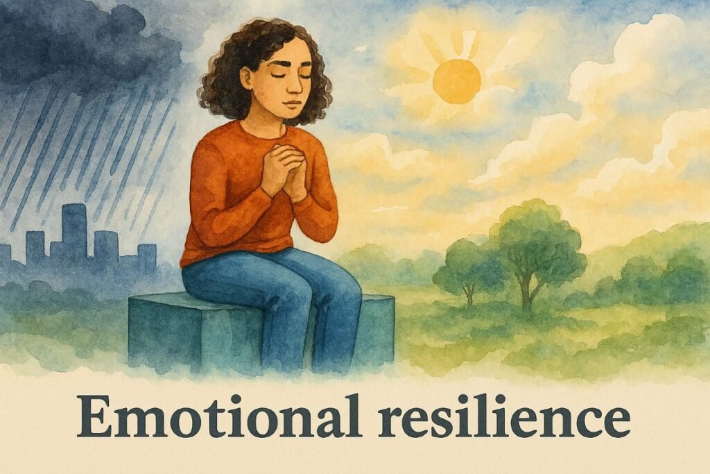 Watercolor banner showing a young woman with curly dark hair seated calmly on a teal block at center. She wears a burnt orange sweater and blue jeans, eyes closed, hands clasped near her chest. To her left, storm clouds and rain streak over a muted city skyline. To her right, sunlight breaks through warm clouds above green hills and trees. The composition contrasts turmoil and tranquility, symbolizing inner strength. Title “Emotional resilience” appears in dark serif font at the bottom.