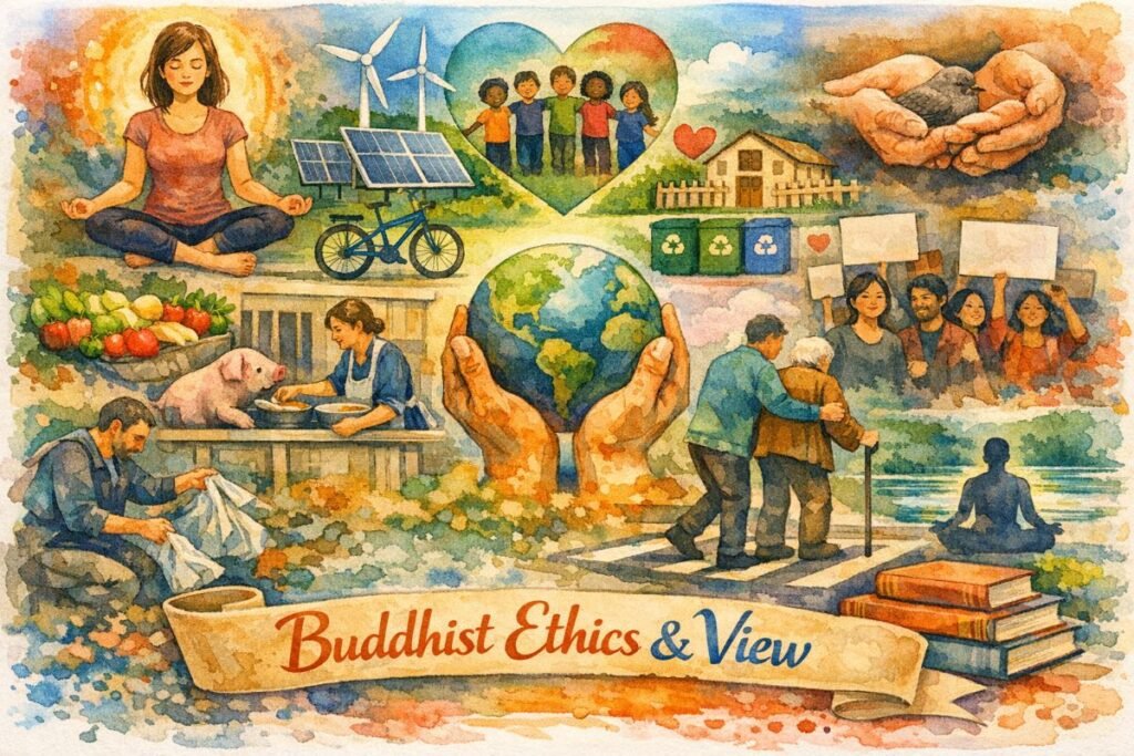 Colorful watercolor collage showing hands cradling the Earth at the center, surrounded by small scenes of compassion and sustainability: a person meditating, renewable energy turbines, a bicycle, diverse children inside a heart, recycling at home, hands holding a bird, peaceful protestors, someone helping an elder cross the street, a person meditating by a lake, and people feeding animals and tending vegetables. A stack of books anchors the bottom beside the title ‘Buddhist Ethics & View.’