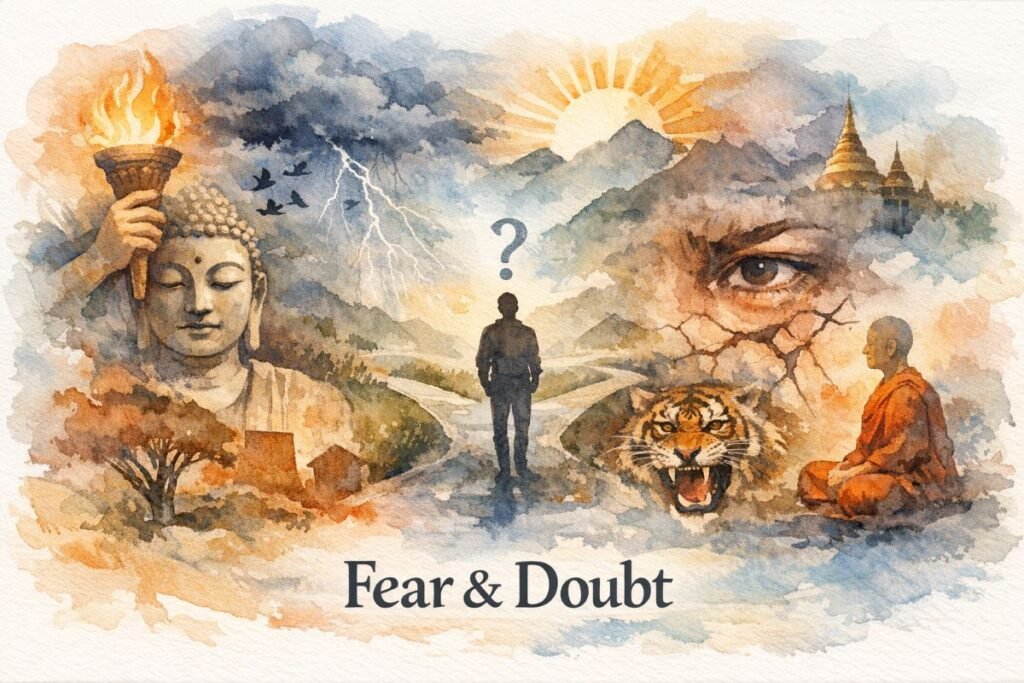 Watercolor collage titled “Fear & Doubt.” A serene Buddha statue sits beneath storm clouds and black birds, a hand holding a torch of light above. In the center, a lone figure stands at a forked mountain path with a question mark overhead, sunlight breaking through mist. To the right, an anxious eye and snarling tiger contrast with a calm meditating monk near a golden stupa temple. The title “Fear & Doubt” appears at the bottom on a soft gradient of warm orange and cool blue.