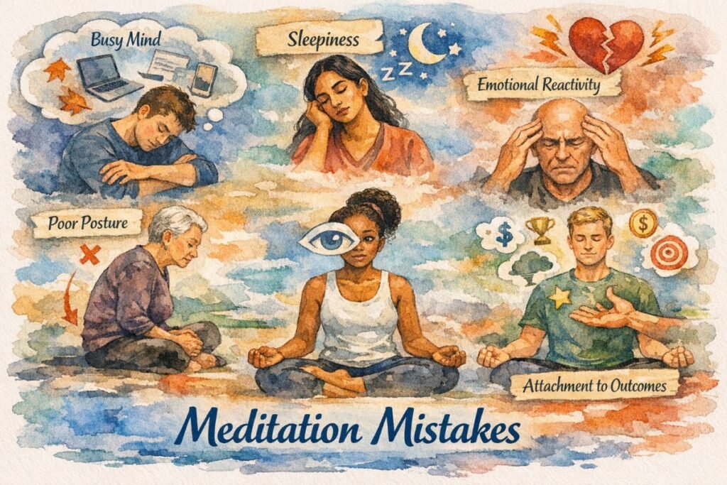 A watercolor collage banner titled Meditation Mistakes showing five diverse people meditating. In the top left, a young man with light skin slumps forward, surrounded by work icons labeled “Busy Mind.” In the top center, a South Asian woman nods off under the word “Sleepiness.” In the top right, an older bald man presses his temples beside a cracked heart labeled “Emotional Reactivity.” At the bottom left, an elderly Asian woman sits with poor posture marked by a red X. In the bottom center, a young Black woman peeks with one eye open under the phrase “Checking for Results.” At the bottom right, a blond man meditates amid floating symbols of money and success labeled “Attachment to Outcomes.” The background blends soft blue, orange, and green washes, with the title Meditation Mistakes in bold blue cursive at the bottom.