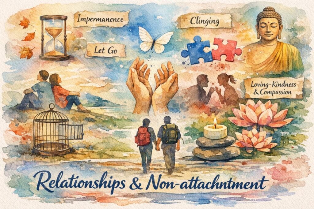 A watercolor collage banner illustrating Buddhist non‑attachment in relationships. On the left, a couple sits back‑to‑back on a hill beside an open birdcage and an hourglass labeled “Impermanence.” In the center, two hands release a white butterfly under the words “Let Go.” To the right, separated blue and pink puzzle pieces labeled “Clinging” contrast with a serene Buddha surrounded by lotus flowers and the scroll “Loving‑Kindness & Compassion.” At the bottom, two travelers walk side by side toward a horizon beside stacked stones and a candle. The title “Relationships & Non‑attachmentment” appears in dark blue cursive at the bottom.