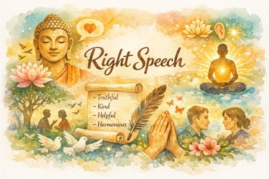 Watercolor collage banner titled Right Speech. A serene Buddha with golden skin and an orange robe smiles beside a pink lotus and a glowing speech bubble shaped like a heart. Below, two people talk peacefully under a tree while white doves fly nearby. In the center, a scroll lists “Truthful, Kind, Helpful, Harmonious” beside a feather quill and praying hands. On the right, a meditating figure radiates golden light, and two people converse calmly amid flowers and butterflies. Warm yellows, greens, and blues blend softly across the scene, symbolizing mindful and compassionate communication.