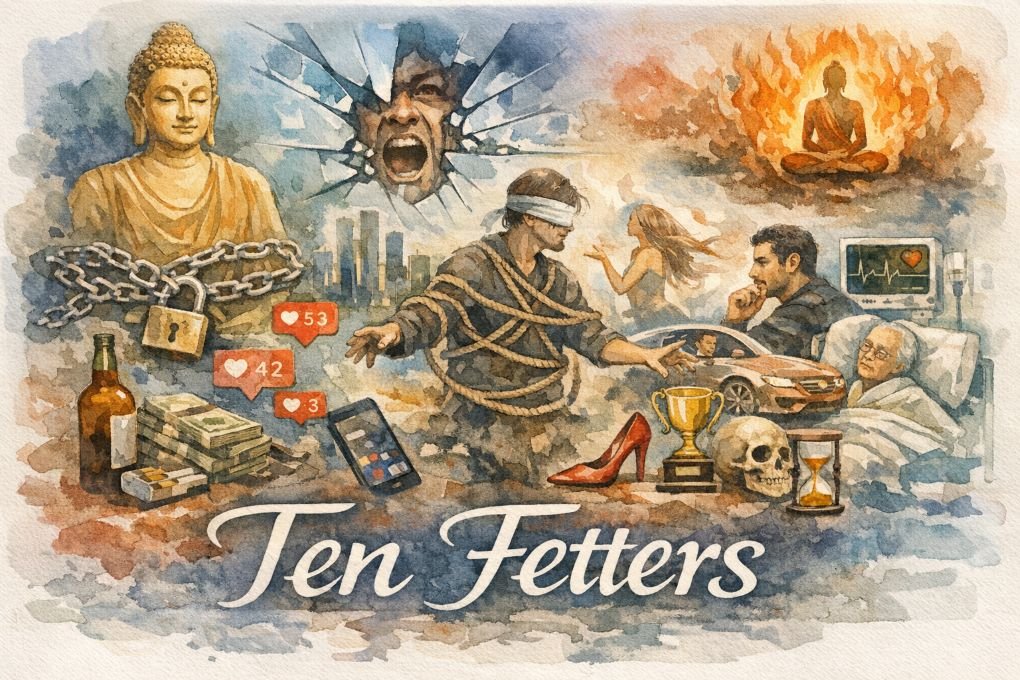Watercolor collage banner titled “Ten Fetters.” A serene golden Buddha sits at left, symbolizing liberation. Below, chains bind money, alcohol, cigarettes, and a smartphone with social media icons—modern attachments. In the center, a blindfolded figure reaches toward illusions of desire and a city skyline, surrounded by a shattered mirror showing anger. To the right, a man envies another’s luxury car, beside trophies and a red shoe; an elderly patient lies in a hospital bed near a skull and hourglass. A meditating figure in flames appears above. Soft blue, orange, and gray washes unify the composition, with “Ten Fetters” written elegantly at the bottom.