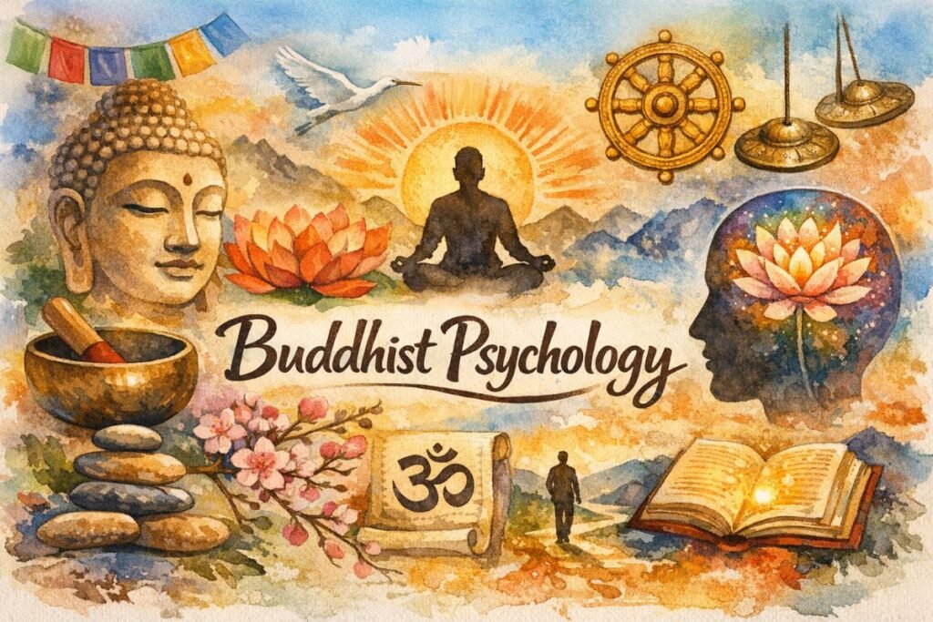 Watercolor collage banner titled “Buddhist Psychology.” A serene Buddha head, lotus flower, prayer flags, and singing bowl appear on the left. In the center, a meditating figure sits before a radiant sun and mountains, surrounded by blossoms, balanced stones, and a golden Dharma wheel. On the right, an open book glows beside a human profile containing a luminous lotus within the mind. Warm orange, yellow, and blue washes blend throughout, creating an inviting, contemplative atmosphere.