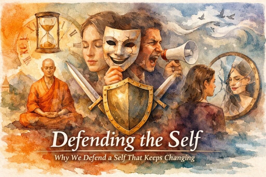 Alt text: Watercolor collage banner titled “Defending the Self” at the bottom. Left side shows a meditating monk in orange robes before a temple and mountains, with an hourglass and clock symbolizing time. Center features two overlapping faces—one calm, one distressed—behind a cracked mask and golden shield crossed by swords. Right side shows a man shouting into a megaphone and a woman gazing into a fractured mirror. Birds and clouds swirl above, blending warm oranges into cool blues across the composition.