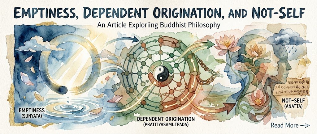 A watercolor web banner titled "Emptiness, Dependent Origination, and Not-Self" featuring a collage of an Ensō circle, an interconnected web, and overlapping human profiles with lotus flowers.