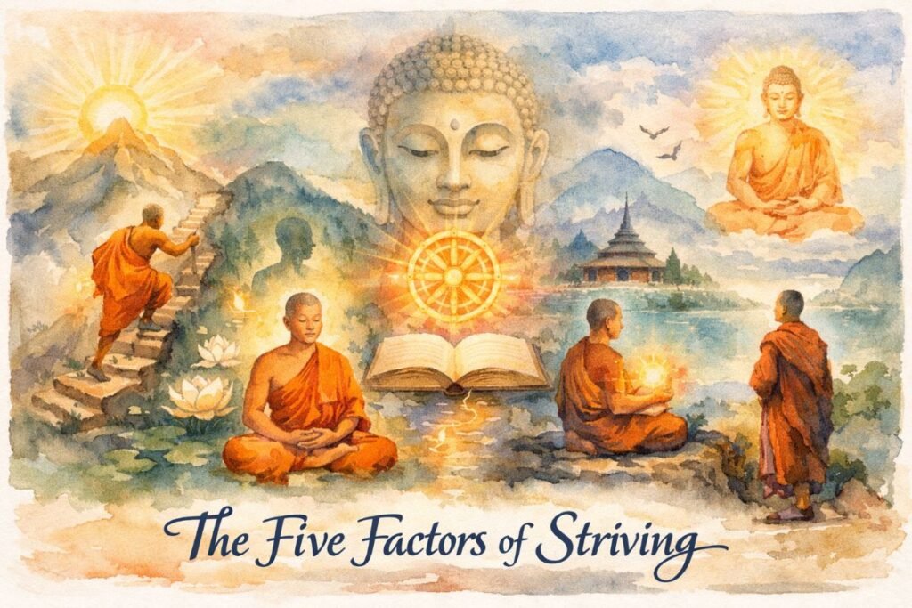 Watercolor collage banner titled “The Five Factors of Striving.” Five scenes flow left to right: a monk climbing a sunlit mountain (Energy), a meditating monk beside a lotus stream (Mindfulness), a glowing Buddha head above an open book and Dharma wheel (Wisdom), a monk in deep meditation by a misty lake and temple (Concentration), and a monk gazing at a radiant Buddha in the sky (Confidence). Title appears at the bottom in dark blue script.