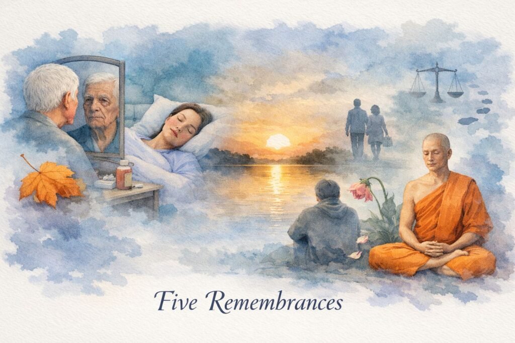 Watercolor banner illustrating the Five Remembrances in Buddhism. From left to right: an elderly man gazes into a mirror showing his aged reflection; a young woman rests in bed recovering from illness; a serene sunset glows over calm water symbolizing death; a seated figure watches two people walking away beside a wilted flower; and a Buddhist monk in orange robes meditates peacefully with faint scales and footprints behind him. The title “Five Remembrances” appears centered at the bottom in dark blue serif text.