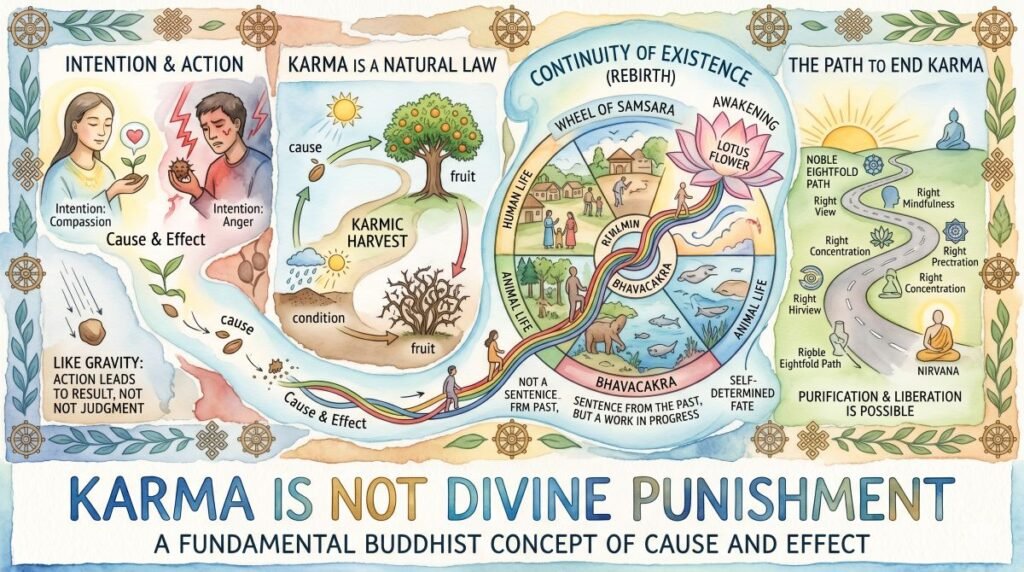 A watercolor web banner titled "KARMA IS NOT DIVINE PUNISHMENT," illustrating Buddhist karma as a natural law of cause and effect. Four panels depict human intentions as seeds, a "karmic harvest," the Wheel of Samsara (rebirth), and the Noble Eightfold Path leading toward Nirvana.