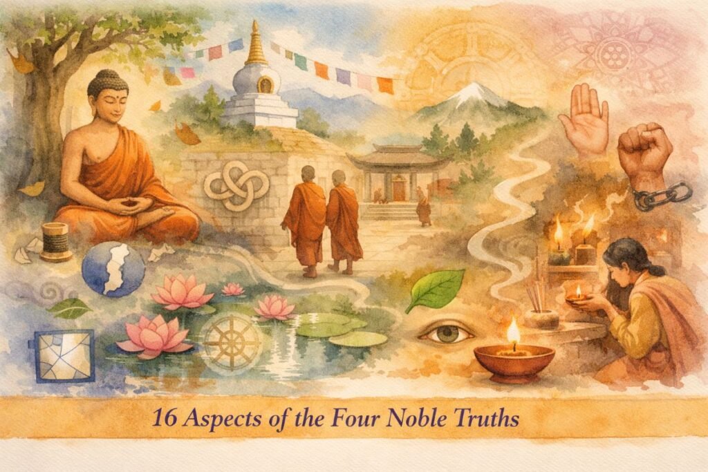 Watercolor collage banner illustrating Buddhist scenes related to the Four Noble Truths. The Buddha meditates under a Bodhi tree on the left, monks walk toward a stupa and monastery in the center, and a devotee offers incense and a lamp on the right. Lotus flowers, a Dharma wheel reflection, mountains, and symbolic icons—eye, leaf, chain, and flame—are woven throughout. A warm ochre band at the bottom reads “16 Aspects of the Four Noble Truths.