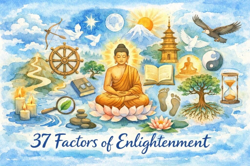 Watercolor collage banner in light blue showing a meditating Buddha on a lotus, Dharma wheel, pagoda, mountain, symbolic elements, and the title 37 Factors of Enlightenment at the bottom.