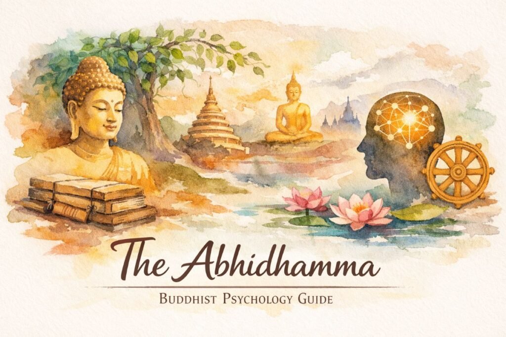 Watercolor banner titled “The Abhidhamma – Buddhist Psychology Guide,” featuring a serene golden Buddha, ancient manuscripts, a Bodhi tree, stupa, Wheel of Dharma, and a human head silhouette with glowing neural connections above lotus flowers and misty mountains.
