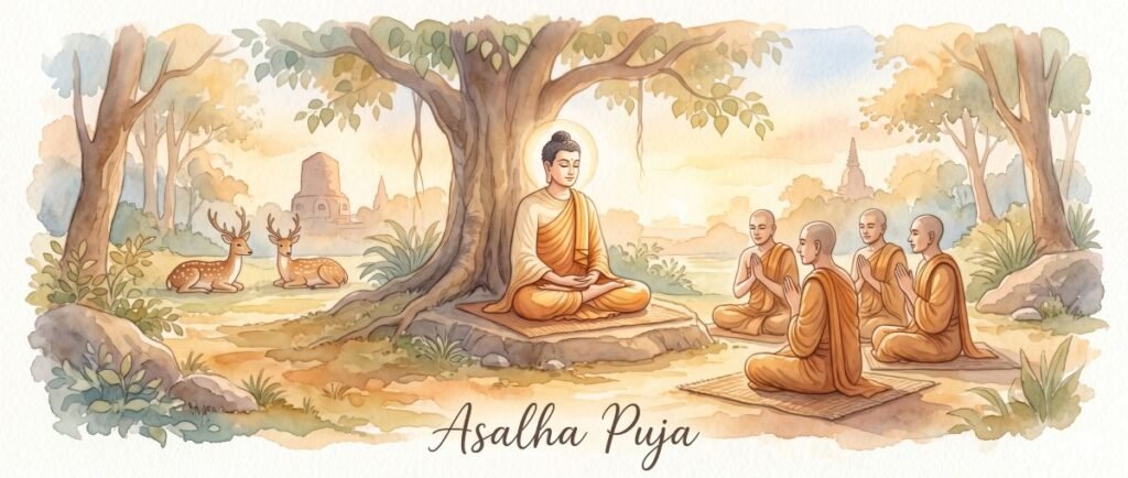 A serene watercolor web banner depicting the Buddha delivering his first teaching in the Deer Park. The Buddha sits calmly under a large tree with a soft halo, facing five ascetics in saffron robes who sit respectfully with hands clasped. Two deer rest peacefully on the left side of the scene. The background features ancient stupas and a warm, dawn-like sky in soft earth tones. At the bottom center, the text "Asalha Puja" is written in an elegant, cursive font.
