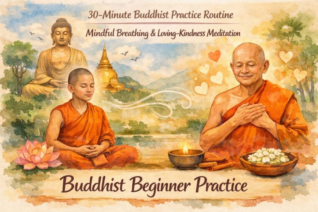 Alt text: A watercolor web banner titled “Buddhist Beginner Practice” shows two Theravada monks meditating outdoors—one practicing mindful breathing beside a golden Buddha statue and stupa, the other radiating loving‑kindness with hands over his heart and glowing hearts around him. Lotus flowers, a candle, and jasmine rest in the foreground, with soft golden and green tones creating a calm, beginner‑friendly atmosphere.