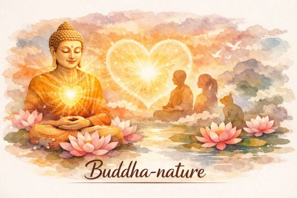 Watercolor banner titled “Buddha‑nature,” depicting a serene Buddha figure radiating inner light, surrounded by lotus blossoms and soft clouds. A luminous heart‑shaped glow symbolizes innate wisdom within all beings, while gentle hues of gold, pink, and blue evoke compassion and awakening. The title “Buddha‑nature” appears elegantly at the bottom.