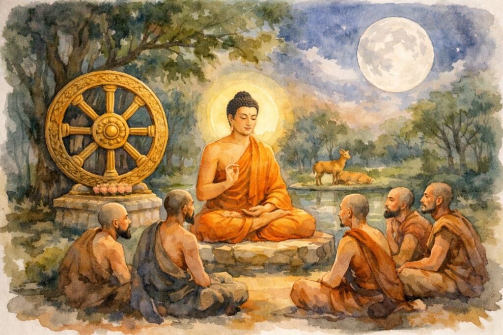 A calm night scene of the Buddha teaching five monks beneath trees, a golden Dharmachakra beside him, with two deer standing near a moonlit pond in the background.