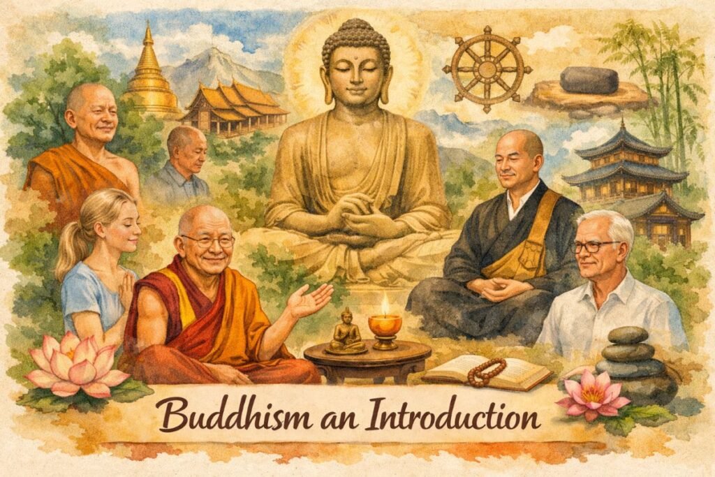 A watercolor web banner titled “Buddhism an Introduction” shows a collage of Buddhist scenes symbolizing diverse traditions and perspectives. A serene Buddha statue sits at the center, surrounded by monks, lay practitioners, and temples from different cultures — Thai, Tibetan, Zen, and Western. The background blends soft golds, blues, and greens, evoking clarity and inclusiveness. The title appears at the bottom in elegant brown script on a parchment band.