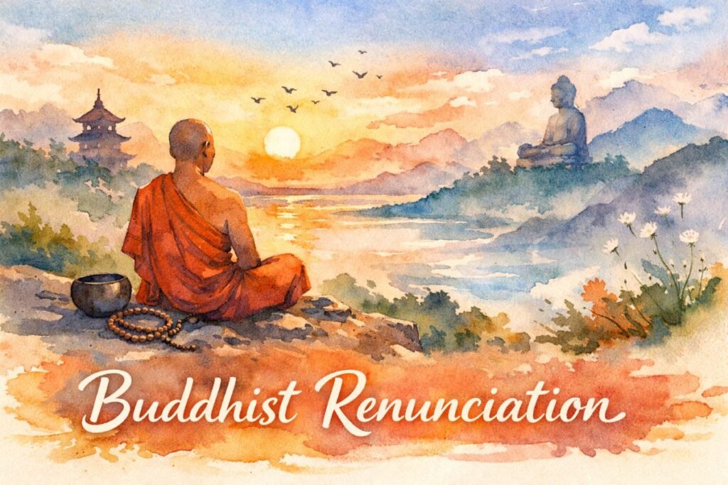 Watercolor banner showing a Buddhist monk in orange robes meditating on a hill at sunrise, overlooking misty mountains, a pagoda, and a distant Buddha statue; warm golden light and soft blues blend across the sky; “Buddhist Renunciation” appears elegantly at the bottom.