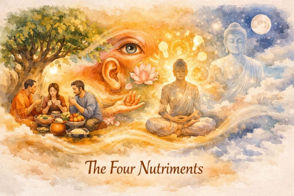 A luminous watercolor banner illustrating the Four Nutriments as a seamless continuum. On the left, people share food under a Bodhi tree, symbolizing edible nourishment. The scene blends into swirling colors of eyes, ears, and hands surrounded by lotus petals for sensory contact. These dissolve into a meditating figure radiating soft light, representing mental intention. Finally, the mist transitions into a vast sky where a translucent Buddha form merges with moonlight, expressing consciousness. A subtle current of golden mist connects all scenes, hinting at craving that sustains them. At the bottom, the title reads “The Four Nutriments” in elegant golden‑brown script.