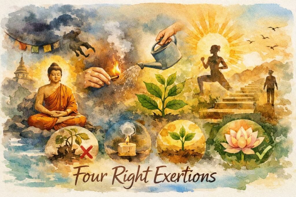 Watercolor collage banner titled “Four Right Exertions” showing a serene Buddha meditating on the left, hands extinguishing a flame and watering a plant in the center, and a person climbing sunlit steps on the right. Four circular vignettes below depict stages of effort—ending unwholesome states and nurturing wholesome ones—against a soft blend of blue, green, and gold tones with the title at the bottom.