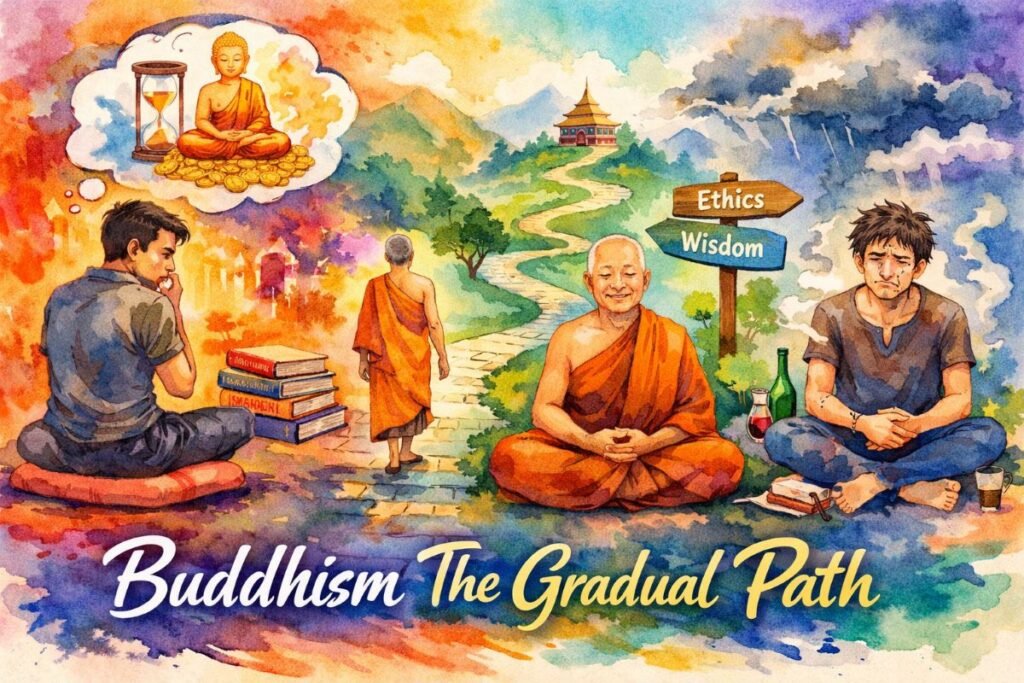 Watercolor collage of a winding spiritual path: a learner studying with books, a monk walking toward a distant temple, another meditating beside signposts for Ethics and Wisdom, contrasted with a distressed figure amid alcohol and smoke, illustrating Buddhism’s gradual path from confusion to clarity.