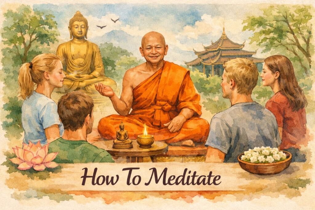 A watercolor web banner titled “How To Meditate” shows an elderly Thai monk in an orange robe teaching a group of Western students seated cross‑legged outdoors. A golden Buddha statue and Thai temple rise behind him amid lush greenery and soft mountains. The monk gestures kindly as the students listen, creating a peaceful, instructional atmosphere.