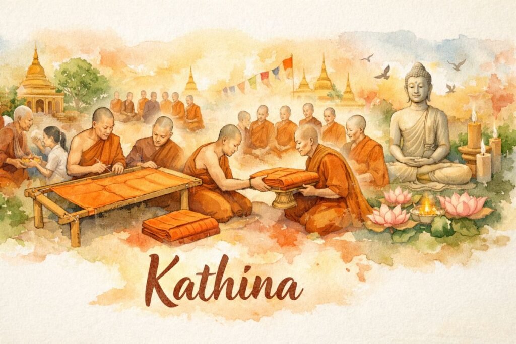 Watercolor banner showing the Kathina ceremony: laypeople offering gifts to monks, monks sewing a robe on a wooden frame, and a senior monk receiving the robe; golden temple spires and a Buddha statue in the background; warm orange, yellow, and green tones; “Kathina” written elegantly at the bottom.