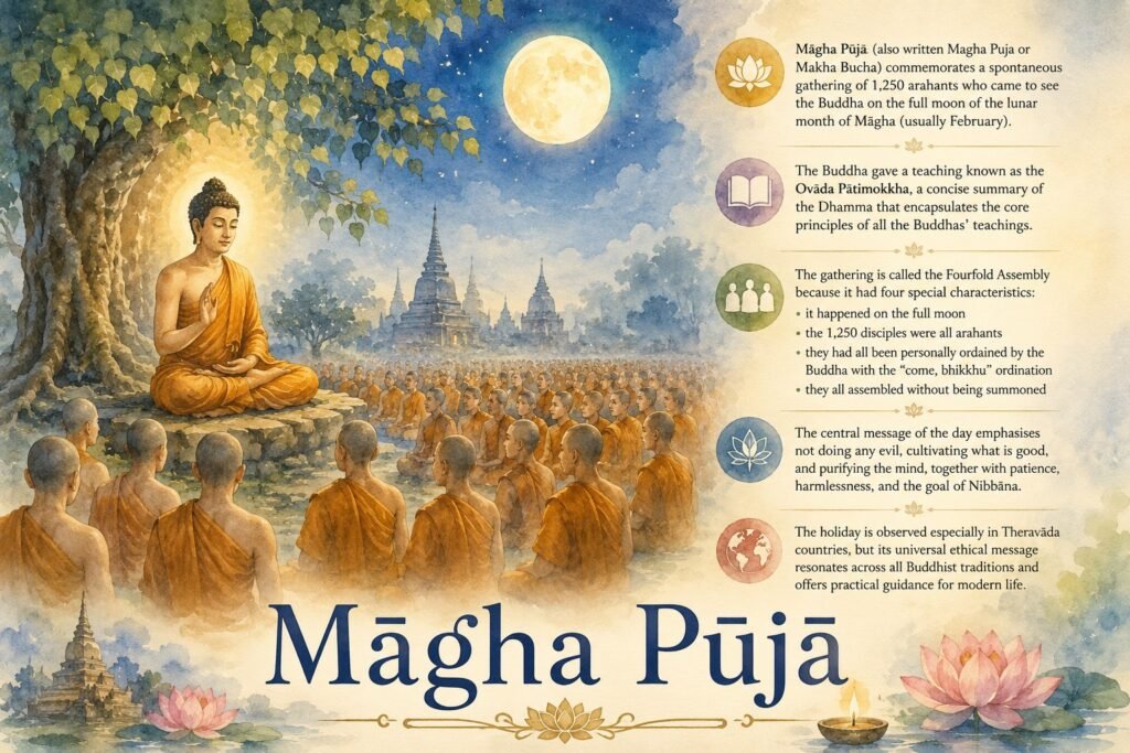 Explore the meaning of Māgha Pūjā, a Buddhist observance honouring the Fourfold Assembly and the Ovāda Pāṭimokkha’s guidance on avoiding evil, doing good, and purifying the mind.