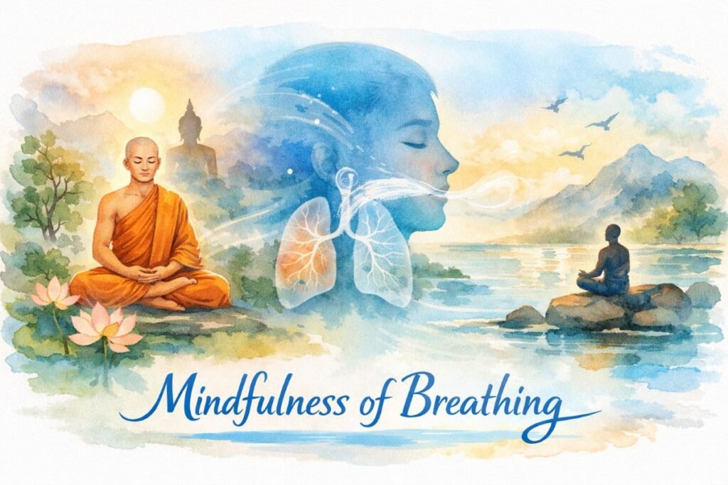 A soft watercolor banner showing a monk meditating beside a Buddha statue, a human profile with flowing breath at the center, and a peaceful lakeside meditator on the right. Gentle blues, greens, and golds blend together, with the title “Mindfulness of Breathing” at the bottom.