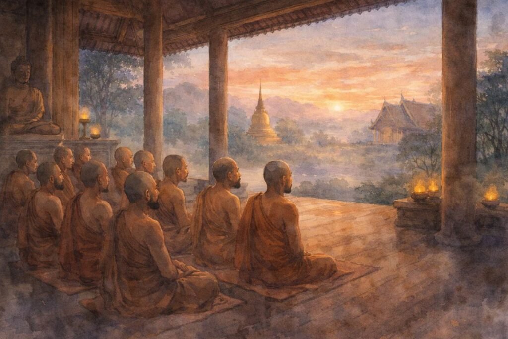 Watercolor of Theravāda monks seated in a dawn-lit monastery hall, chanting in unison as mist drifts outside, with a Buddha statue and golden stupa glowing softly in the morning light.