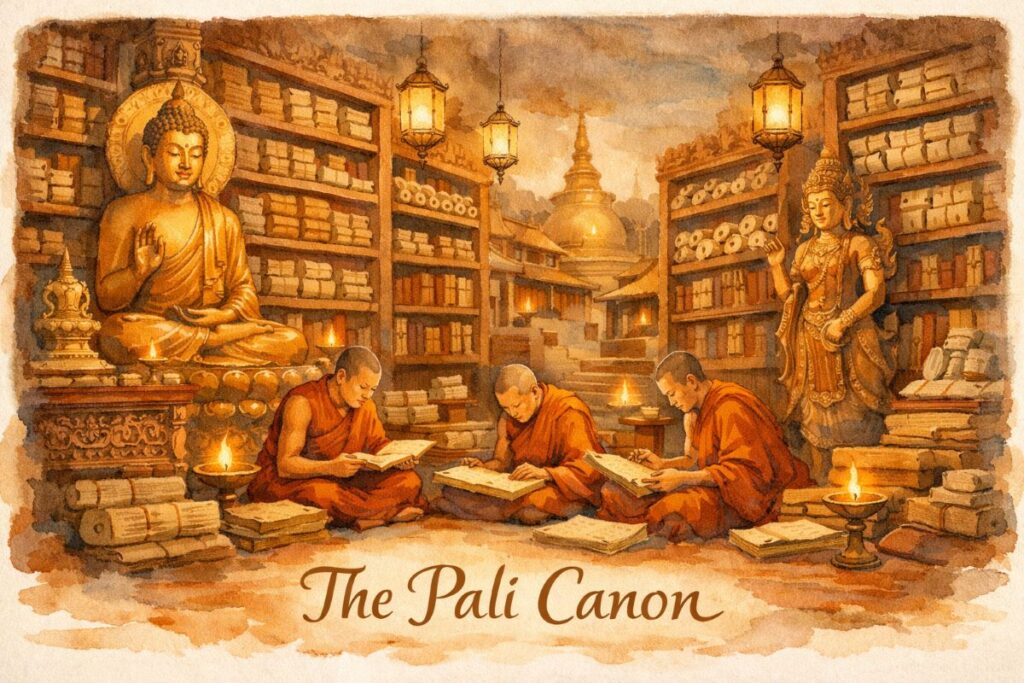 Watercolor banner titled “The Pali Canon” showing a grand Buddhist library filled with monks in saffron robes studying palm‑leaf manuscripts and scrolls. Shelves of ancient texts line the hall, illuminated by warm lanterns. A golden Buddha statue sits to the left, a carved bodhisattva stands to the right, and a golden stupa glows in the background.