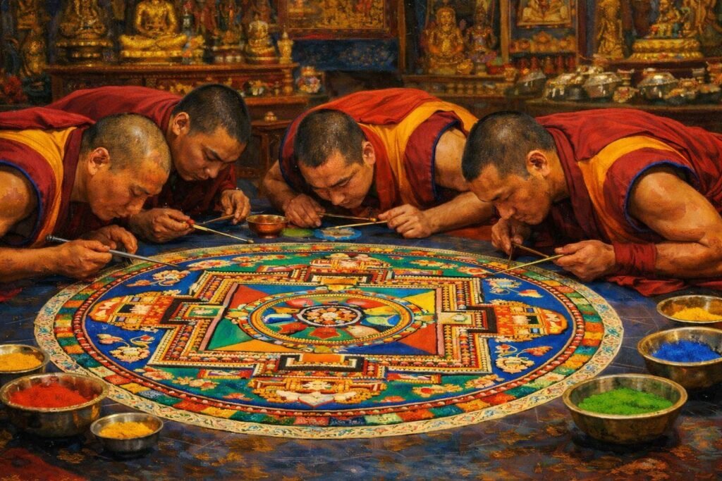 Four Buddhist monks in maroon and saffron robes sit cross‑legged around a large, vividly colored sand mandala, carefully applying grains of sand with thin metal tools. Brass bowls of colored sand surround the mandala, whose intricate geometric patterns glow in red, blue, green, yellow, and white. The oil painting’s textured brushstrokes and warm light evoke a temple interior with golden statues softly blurred in the background, highlighting the meditative focus and harmony of the scene.