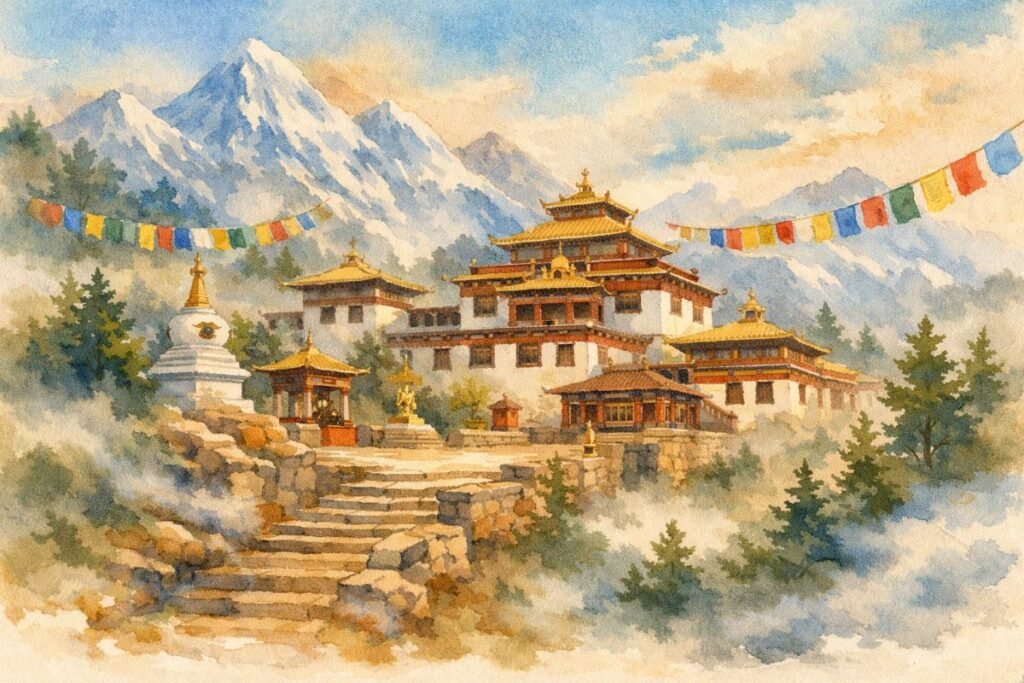 Watercolor banner of a Tibetan Buddhist monastery high in the Himalayas, with whitewashed buildings and golden roofs set against towering snow‑covered peaks. Prayer flags stretch across the scene, mist drifts through pine trees, and stone steps lead toward the quiet mountain courtyard.