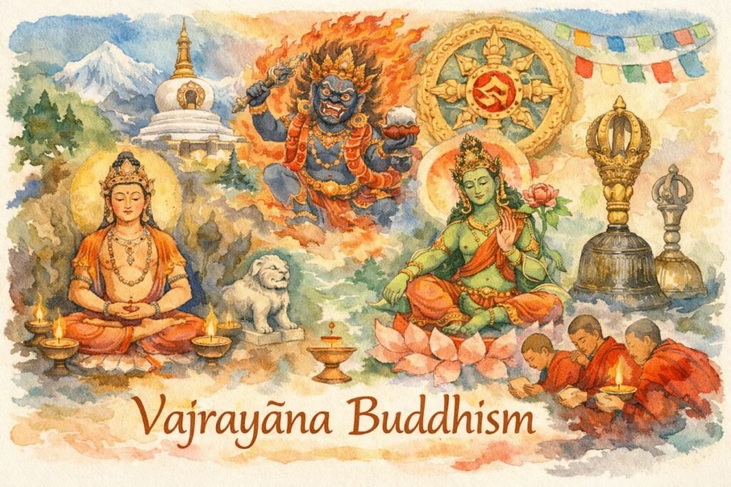 Watercolor collage banner illustrating Vajrayāna Buddhism. A crowned Buddha meditates beside a yogi in a cave, a wrathful deity surrounded by flames, and Green Tara seated on a lotus. A golden mandala, vajra and bell, monks performing ritual, snow lion, stupa, and prayer flags appear amid Himalayan mountains. Title “Vajrayāna Buddhism” written at bottom in golden‑brown script.