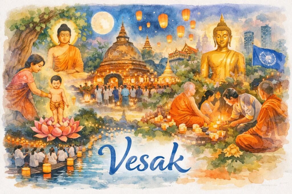 Watercolor collage banner illustrating Vesak celebrations worldwide — scenes of the Buddha’s birth, enlightenment, and passing; monks and devotees meditating, chanting, and lighting lanterns around temples and stupas under a full moon; glowing lotus lanterns floating on water; a golden Buddha statue before a modern skyline with a UN flag; title “Vesak” painted elegantly at the bottom.