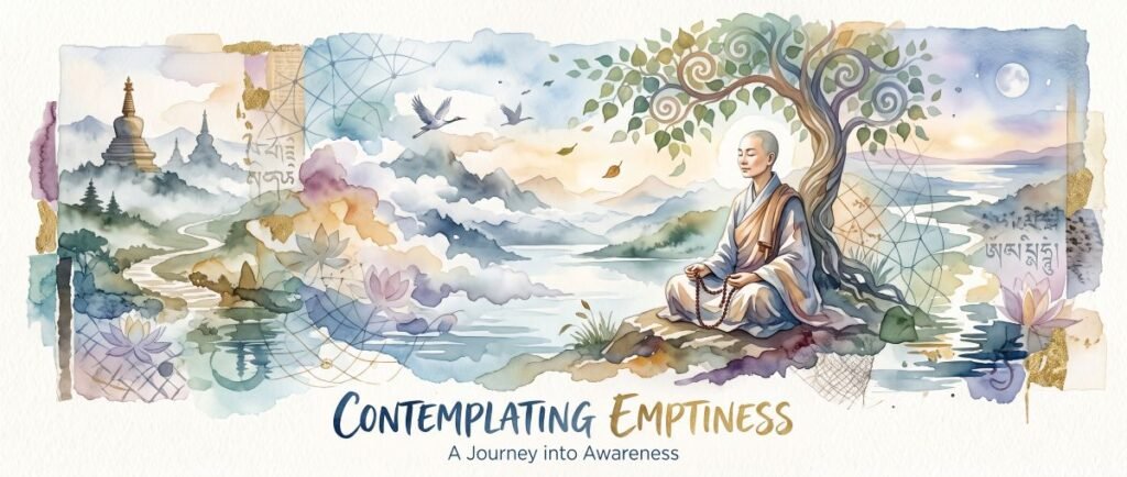 A watercolor collage-style web banner illustrating the Buddhist concept of emptiness. The serene landscape features misty mountains and traditional stupas on the left, flowing into a central winding river. On the right, a monk in robes sits in deep meditation under a stylized Bodhi tree. The artwork is layered with symbolic elements, including flying cranes, blooming lotus flowers, faint geometric nets representing interconnectedness, and subtle gold leaf accents. At the bottom center, elegant text reads "Contemplating Emptiness" with a smaller subtitle below it that says "A Journey into Awareness."