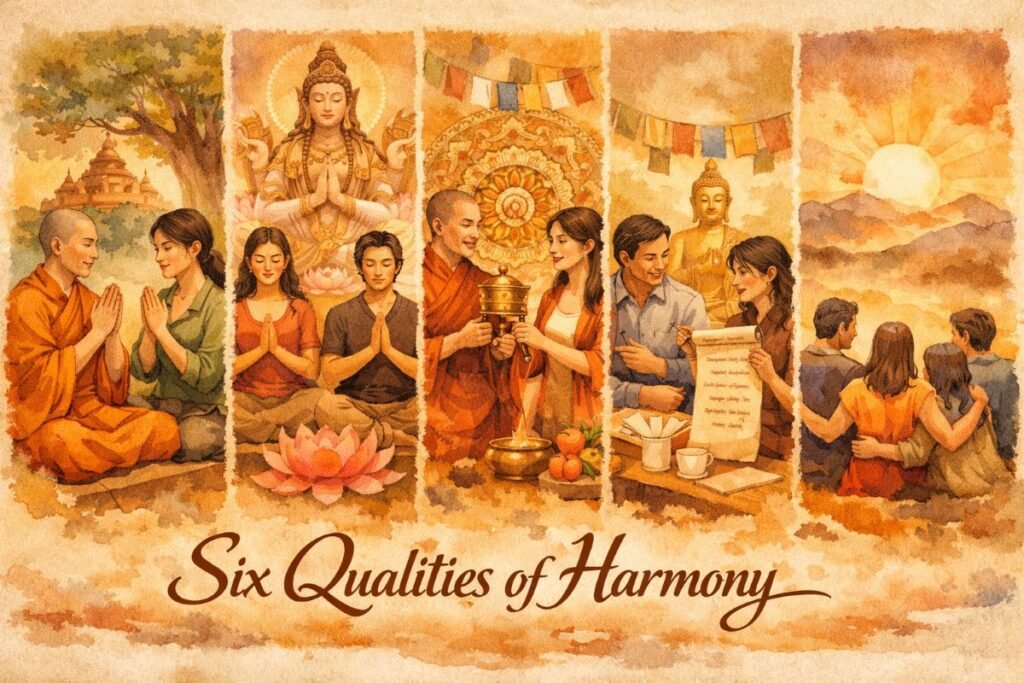 A warm, earthy watercolor banner divided into six panels illustrating the “Six Qualities of Harmony.” Each panel blends Theravāda, Mahāyāna, Vajrayāna, and secular scenes: monks and laypeople under a Bodhi tree, a group meditating before Avalokiteśvara, a Tibetan monk and woman turning a prayer wheel, coworkers collaborating at a table, two people discussing ethical guidelines beside a Buddha statue, and a diverse group watching a sunset over mountains. The title “Six Qualities of Harmony” appears in flowing brown script at the bottom.