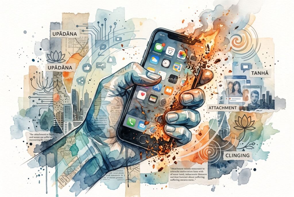 A watercolor and ink collage-style illustration of a large, textured hand tightly gripping a smartphone. The right side of the phone and the hand are bursting into fiery orange flames and crumbling into ash. Surrounding the hand are various symbolic elements, including lotus flowers, circuit board lines, social media icons, and torn text snippets. Distinct labels pasted across the composition read "UPĀDĀNA," "TANHĀ," "ATTACHMENT," and "CLINGING," bridging the modern issue of digital addiction with Buddhist concepts of craving and suffering.