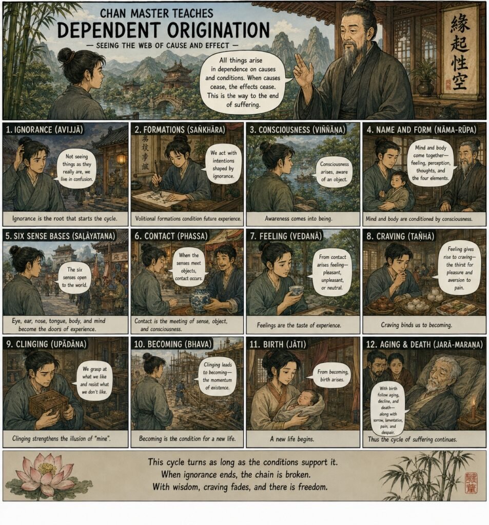Chinese Chan master teaching dependent origination to a young student, illustrated in a 12-panel comic showing the chain from ignorance, formations, consciousness, and name-and-form through the six sense bases, contact, feeling, craving, clinging, becoming, birth, and aging-and-death, ending with wisdom breaking the cycle of suffering.