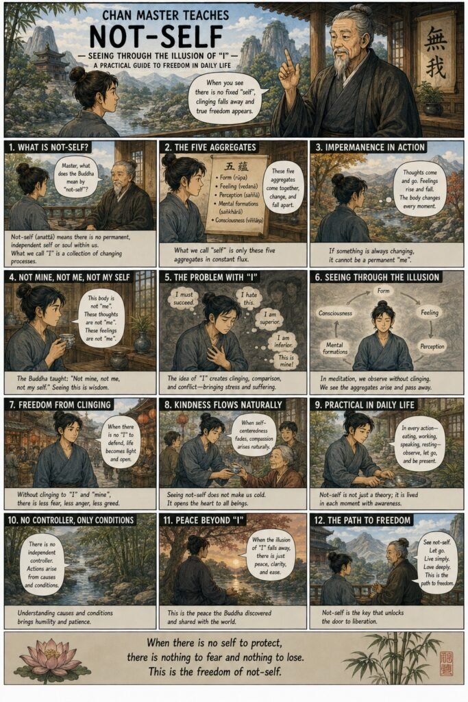 A 12-panel contemplative comic featuring a Chan Master and student illustrating the Buddhist teaching of Not-Self (Anatta). Panels explain the Five Aggregates (form, feeling, perception, mental formations, consciousness), impermanence, the reflection 'not mine, not me, not my self,' the suffering caused by ego-clinging, meditative observation of arising and passing, freedom from fear and greed, naturally arising compassion, daily-life mindfulness, conditionality with no independent controller, and the final peace beyond the illusion of 'I,' concluding with the insight: 'When there is no self to protect, there is nothing to fear and nothing to lose.