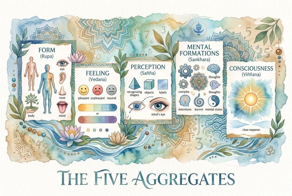 A watercolor-style illustration depicting the Buddhist concept of "The Five Aggregates." It features five labeled panels—Form (Rupa), Feeling (Vedana), Perception (Sañña), Mental Formations (Sankhara), and Consciousness (Viññana)—each containing relevant symbols and text to explain its meaning. These informative panels are set against a calming, flowing background decorated with water waves, lotus flowers, and mandalas.