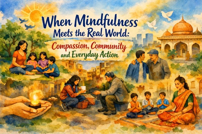 Watercolor illustration depicting mindfulness in everyday life, with diverse people meditating, sharing food, supporting one another, and spending time in community. A mother and children sit together in nature, two men share a friendly moment, a woman helps an older man, children meditate beside a woman in traditional Indian clothing, and hands protect a small flame. A Buddhist-style temple, city buildings, trees, sunlight, and birds fill the background. Text reads: “When Mindfulness Meets the Real World: Compassion, Community and Everyday Action.”