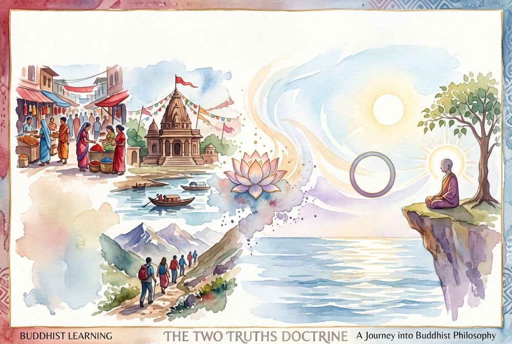 A watercolor illustration depicting the Buddhist Two Truths Doctrine. The left side represents conventional reality, featuring a bustling marketplace, a temple, riverboats, and hikers on a mountain path. A central pink lotus flower and swirling clouds transition to the right side, which represents ultimate reality, showing a monk meditating on a cliff under a tree, facing a calm ocean, a bright sun, and a glowing empty circle. A banner at the bottom reads 'BUDDHIST LEARNING - THE TWO TRUTHS DOCTRINE - A Journey into Buddhist Philosophy