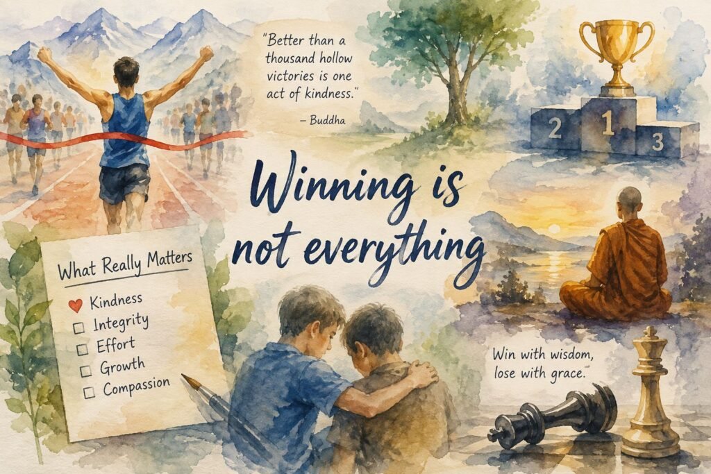 Watercolor collage depicting the theme “Winning is not everything,” with a runner crossing a finish line, trophy podium, meditating monk at sunset, children comforting each other, fallen chess pieces, mountains, and handwritten reflections on kindness, integrity, effort, growth, and compassion.