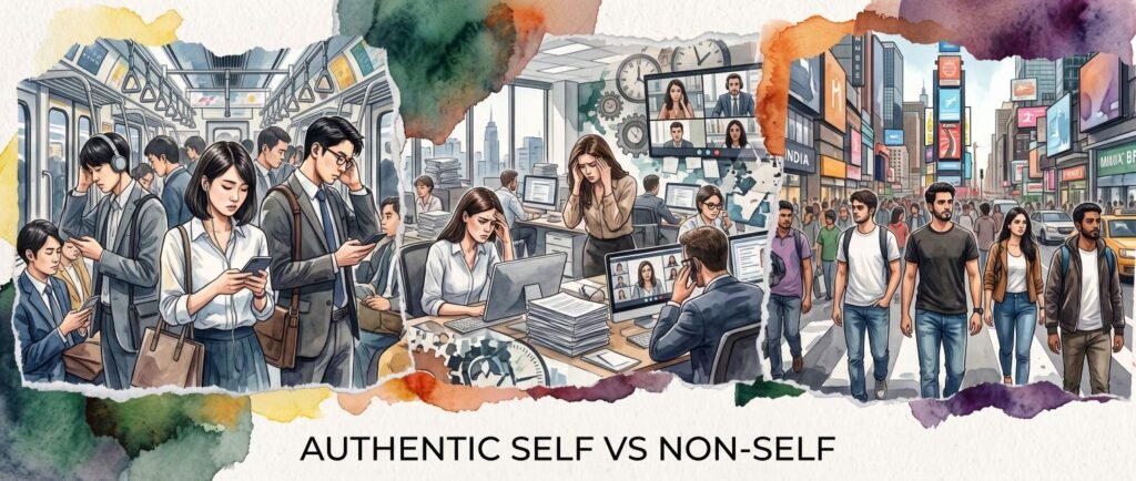 Watercolor-framed illustration depicting three scenes of modern life—subway commuters, a stressful office environment with video calls, and a crowded city street - underlined by the text "AUTHENTIC SELF VS NON-SELF".