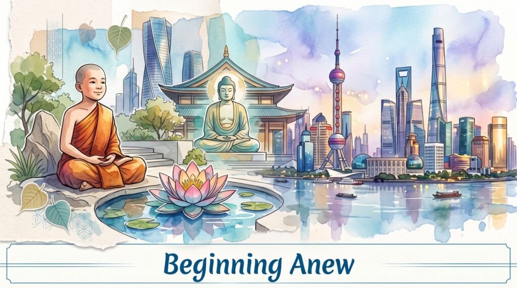 Watercolor illustration of a young meditating monk, a Buddha statue, a lotus pond, and the modern Shanghai skyline, with the text "Beginning Anew" at the bottom.