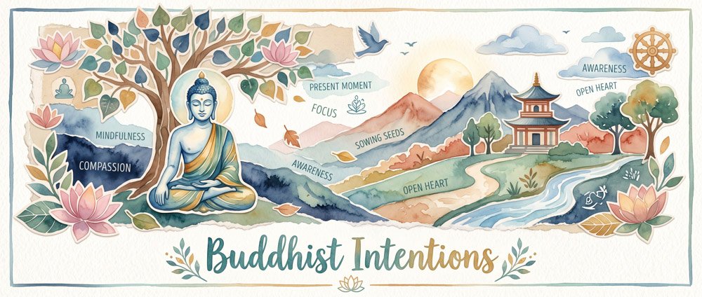 wide, collage-style watercolor illustration depicting a serene Buddhist landscape. At the bottom center, elegant lettering reads "Buddhist Intentions," flanked by delicate leaf motifs. On the left, a blue-toned Buddha sits in meditation beneath a large Bodhi tree with colorful, layered leaves. Pink lotus flowers decorate the corners. The scene transitions to the right into a peaceful landscape featuring rolling hills, a winding blue river, distant mountains under a warm sun, and a traditional multi-tiered pagoda. A golden Dharma wheel floats in the upper right sky alongside soft clouds and flying birds. Scattered throughout the illustration are small text labels featuring spiritual concepts: "MINDFULNESS," "COMPASSION," "PRESENT MOMENT," "FOCUS," "AWARENESS," "SOWING SEEDS," and "OPEN HEART." The overall color palette uses calming pastel blues, greens, peaches, and earthy tones.