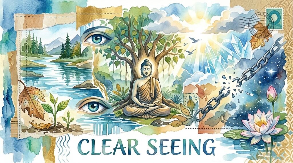 A watercolor-style collage illustration featuring a central meditating Buddha seated in the lotus position beneath a Bodhi tree. The left side depicts a serene river valley, a sprouting plant in soil, and a pair of large blue eyes. The right side shows bright sunlight breaking through clouds, a shattering metal chain, and a blooming pink and white lotus flower. The words "CLEAR SEEING" are prominently displayed in teal serif lettering at the bottom.